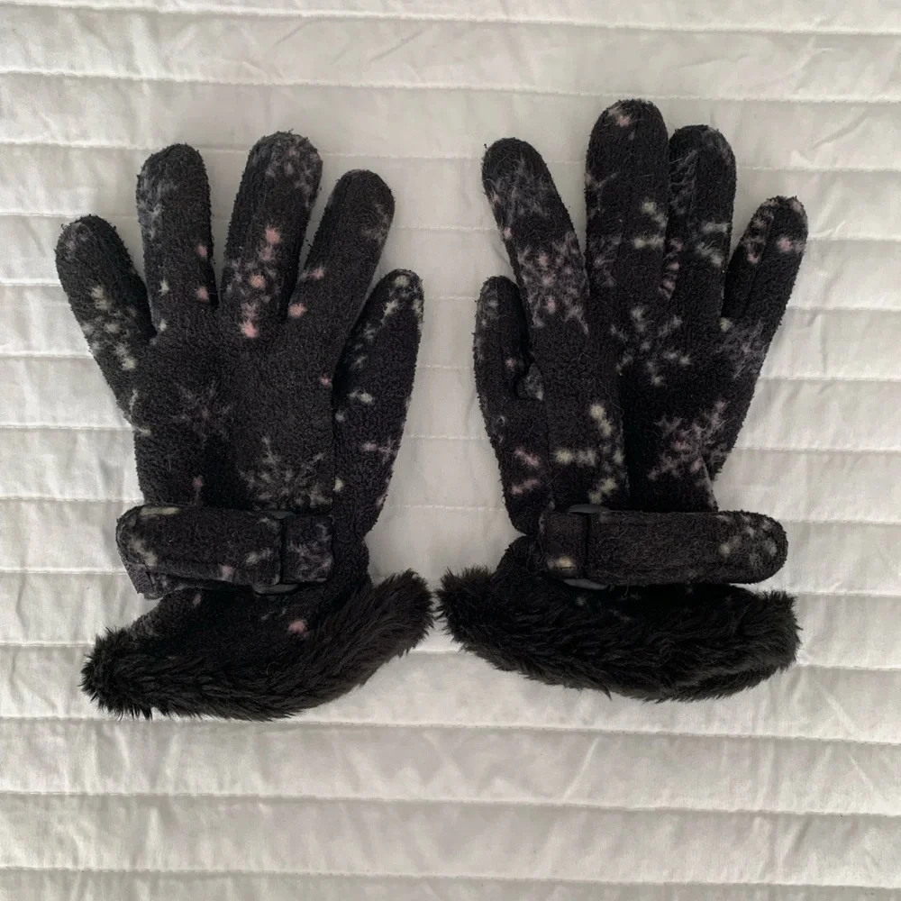 Faded Glory Fleece Faux Fur Gloves Girls L Black Pink White Adjustable Snowflake